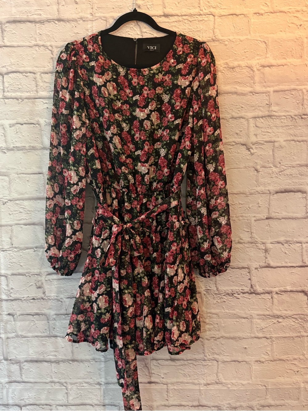 VICI Black Floral Long-Sleeve Mini Dress with Pink Roses